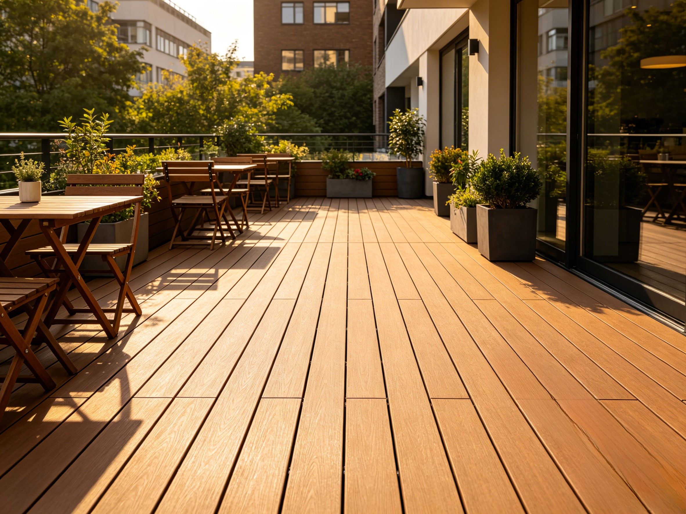 Completed WPC decking project for commercial outdoor terrace