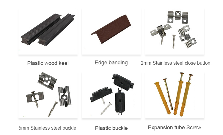 Complete NECOWOOD hollow WPC decking accessories: boards, joists, L-corners, clips, screws, seal plates, bayonets, end caps